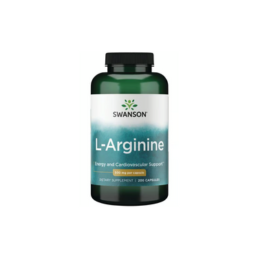 A bottle of Swanson L-Arginine 500 mg dietary supplement contains 200 capsules to support energy and cardiovascular health by boosting nitric oxide levels.